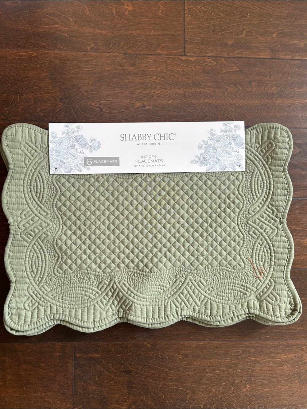 Shabby Chic Set Of 6 Scalloped Edged Quilted Placemats New Green Fall